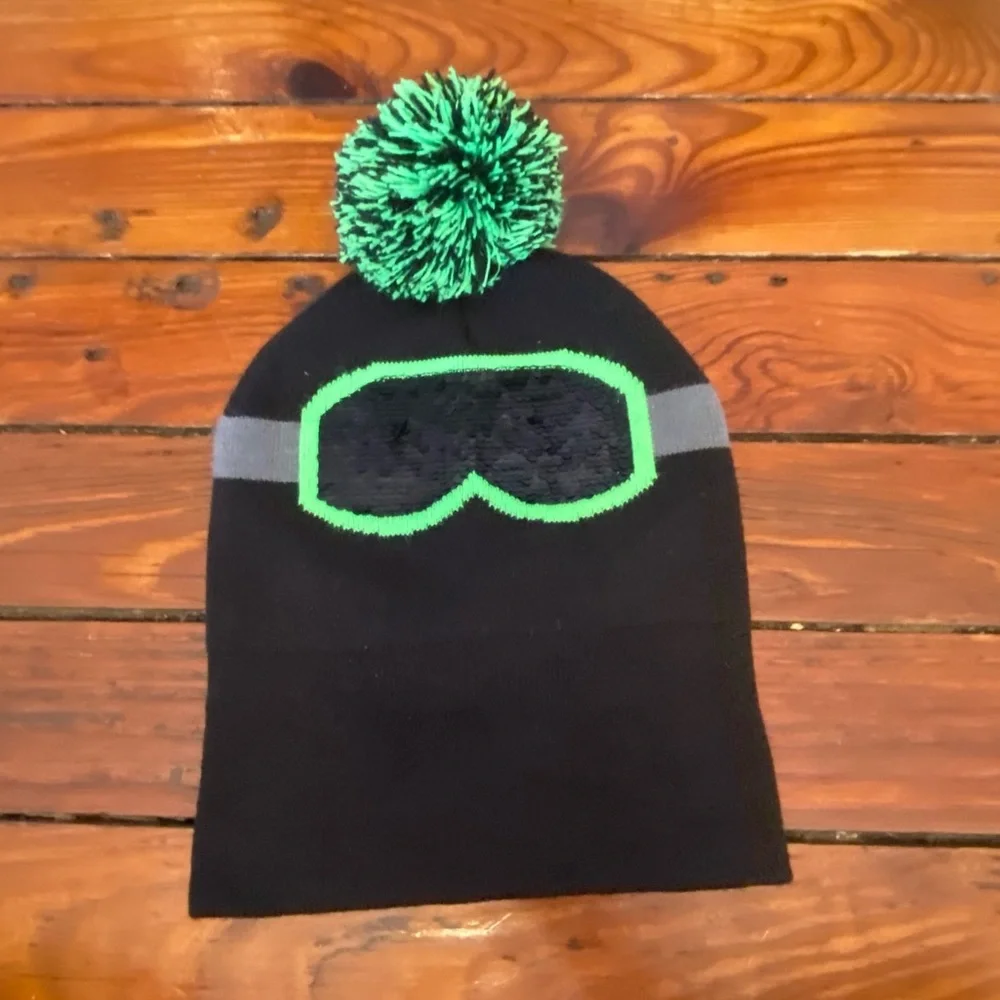 Black & Neon Green Toboggan With Color Changing Sequins Size Kids Large/XL